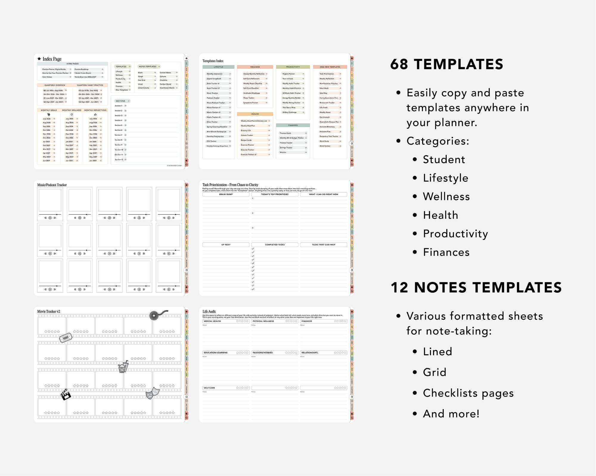 Planner templates with various categories and note-taking formats on a white background.
