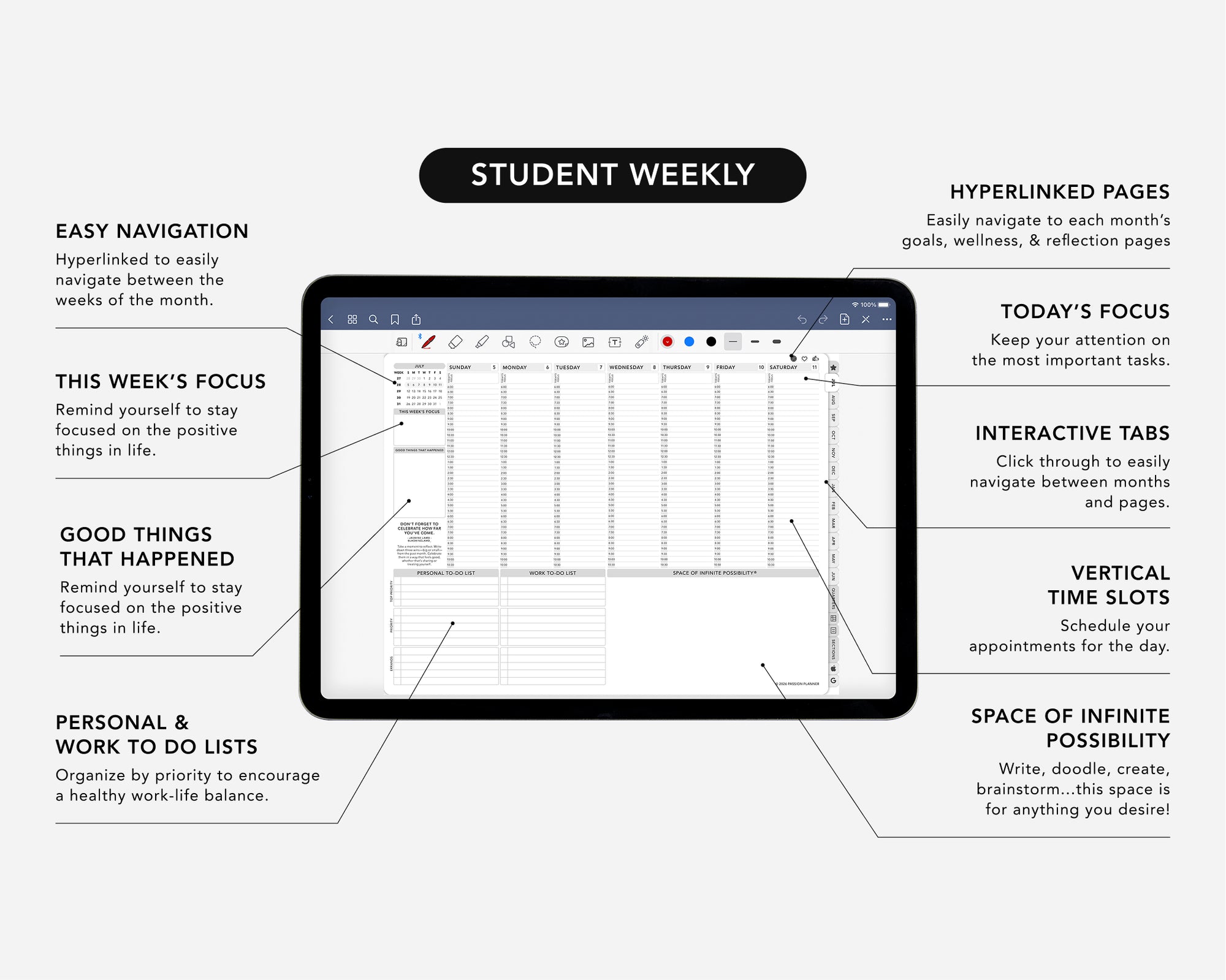 Digital weekly student planner app interface with tablet displaying weekly schedule on a white background