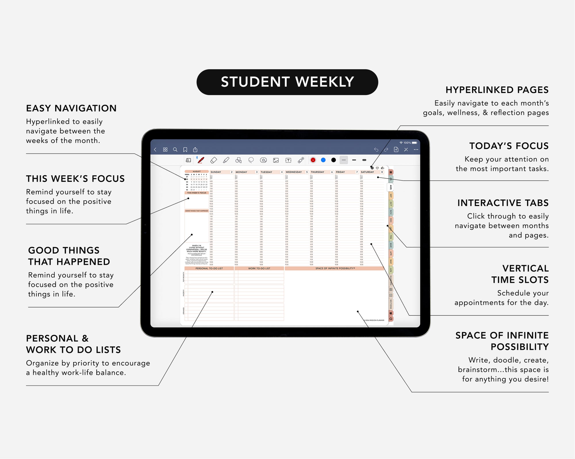 Digital planner app interface with tablet displaying weekly schedule on a white background