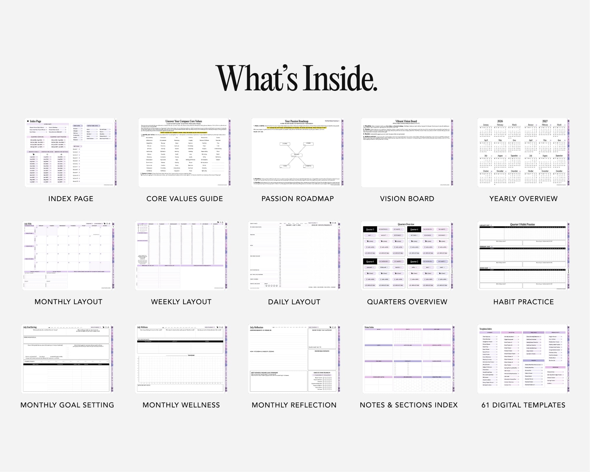 List of digital templates with titles on a white background