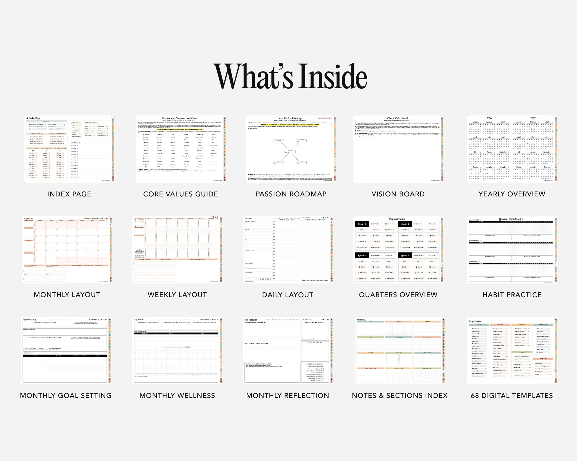 Overview of digital templates included in a planner with text 'What's Inside' at the top.