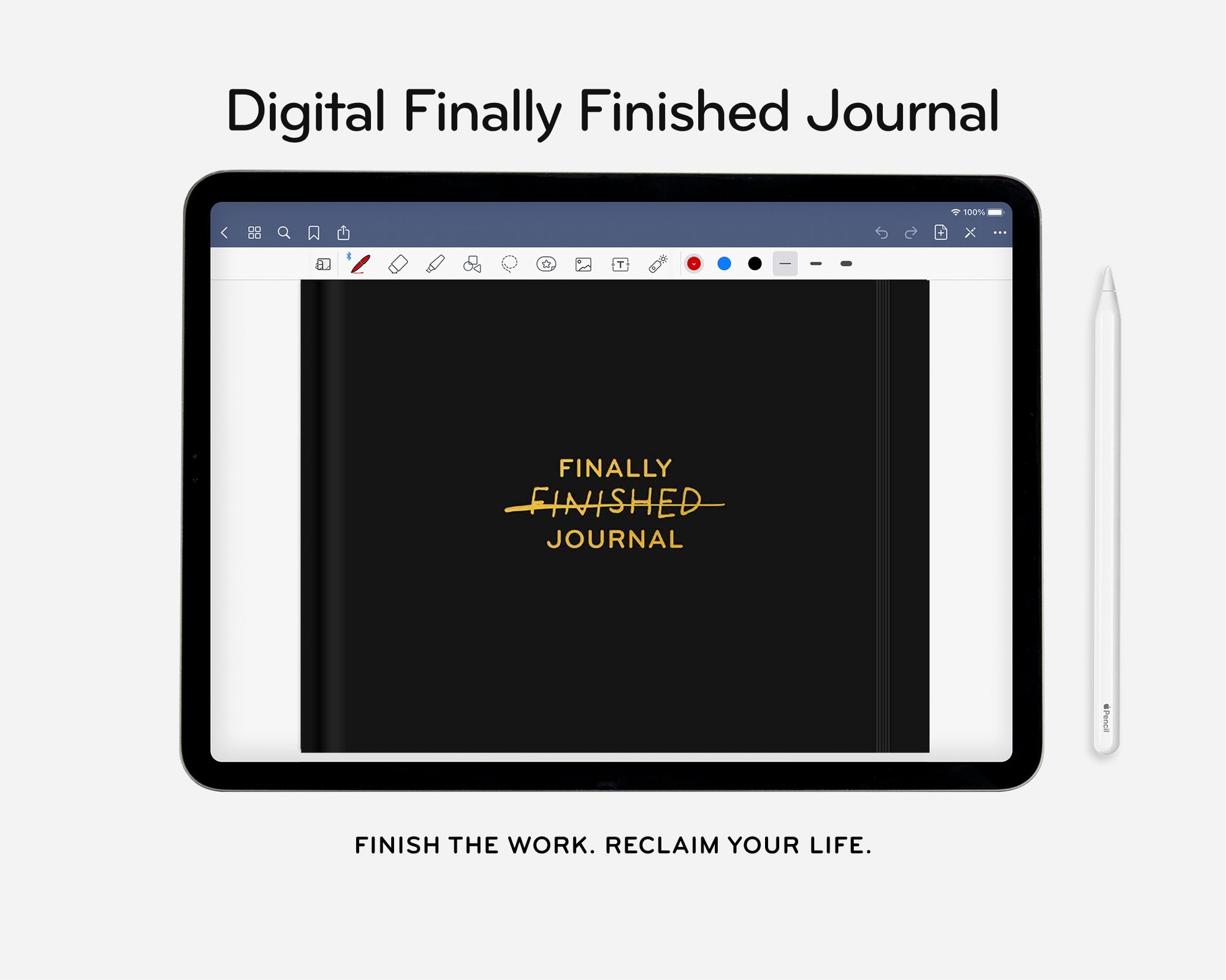 Digital mockup of a tablet with 'Finally Finished Journal' on screen, stylus on white background