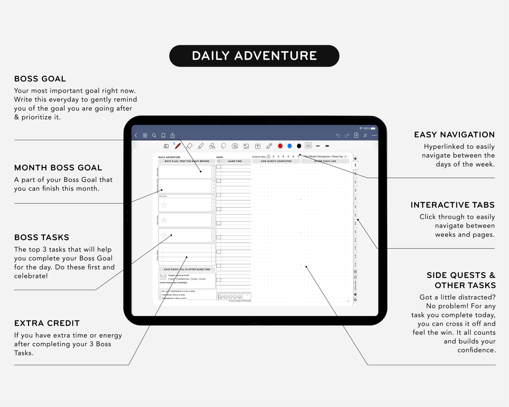 Digital interface with a tablet displaying a to-do list app, surrounded by text on daily goals and tasks.