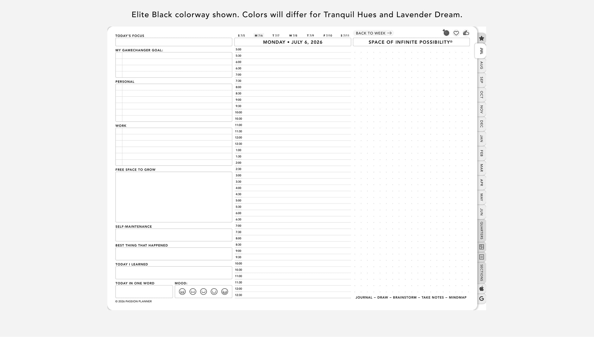 Digital daily planner layout with tabs on a white background