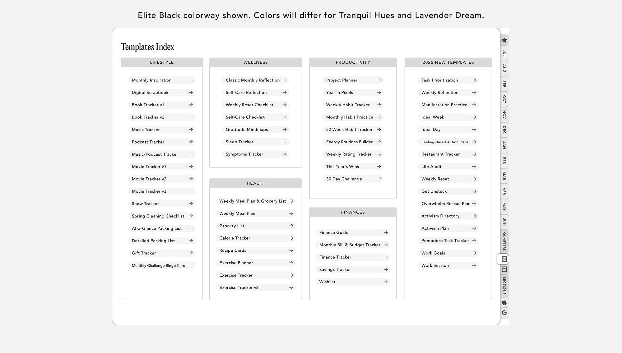 List of templates with hyperlinks on a white background