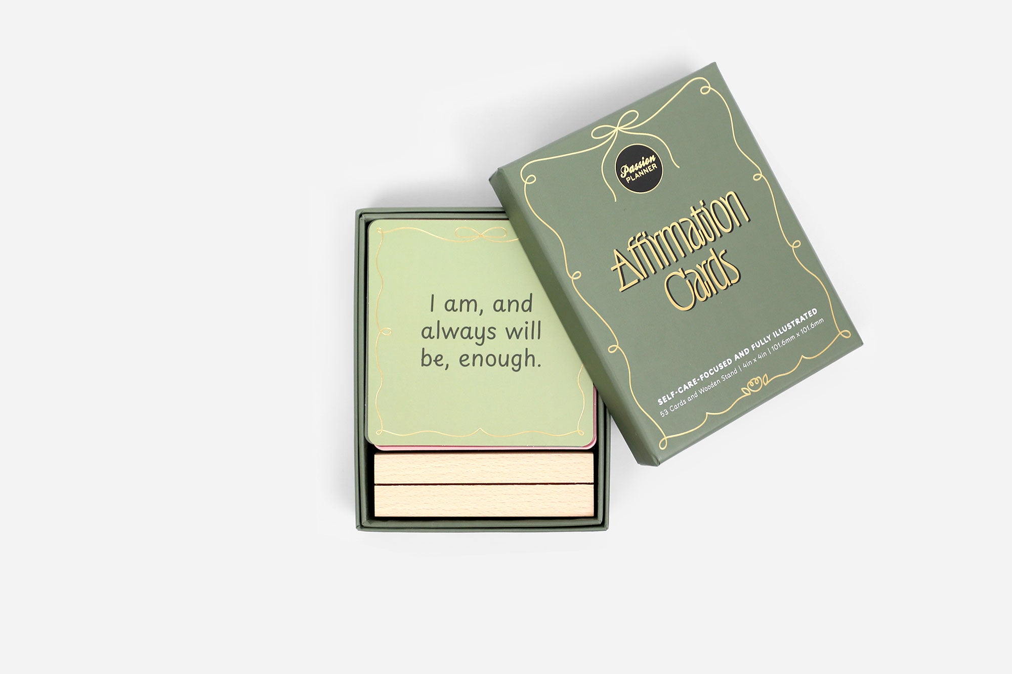 Box of affirmation cards with a quote on a white background