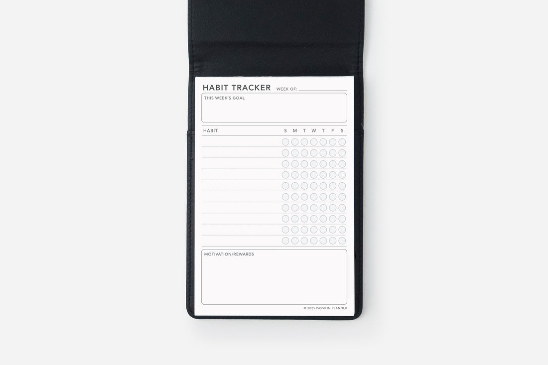 elite black notepad cover and habit tracker insert set open