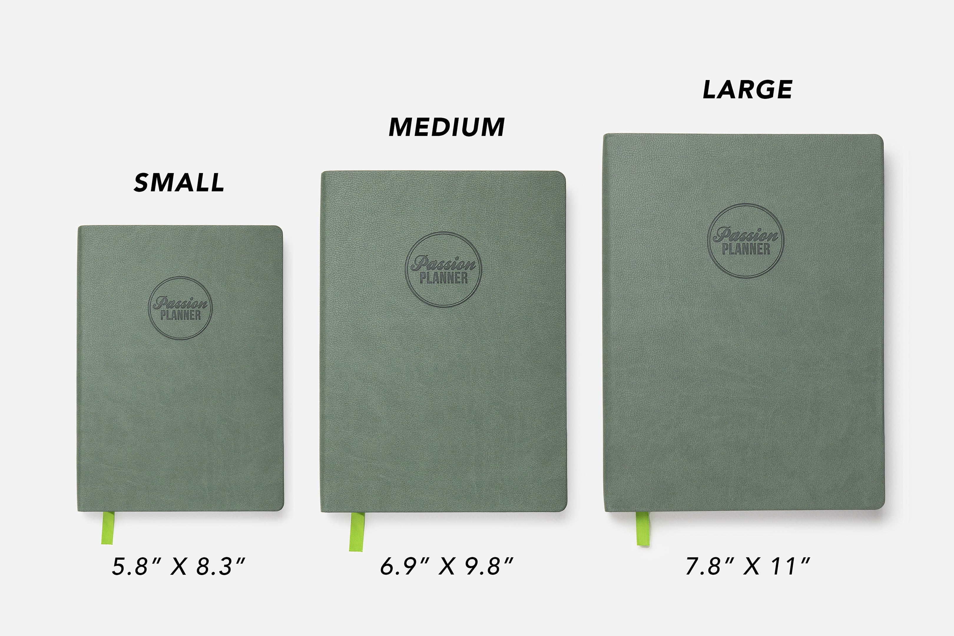 calm green undated weekly planner size comparison