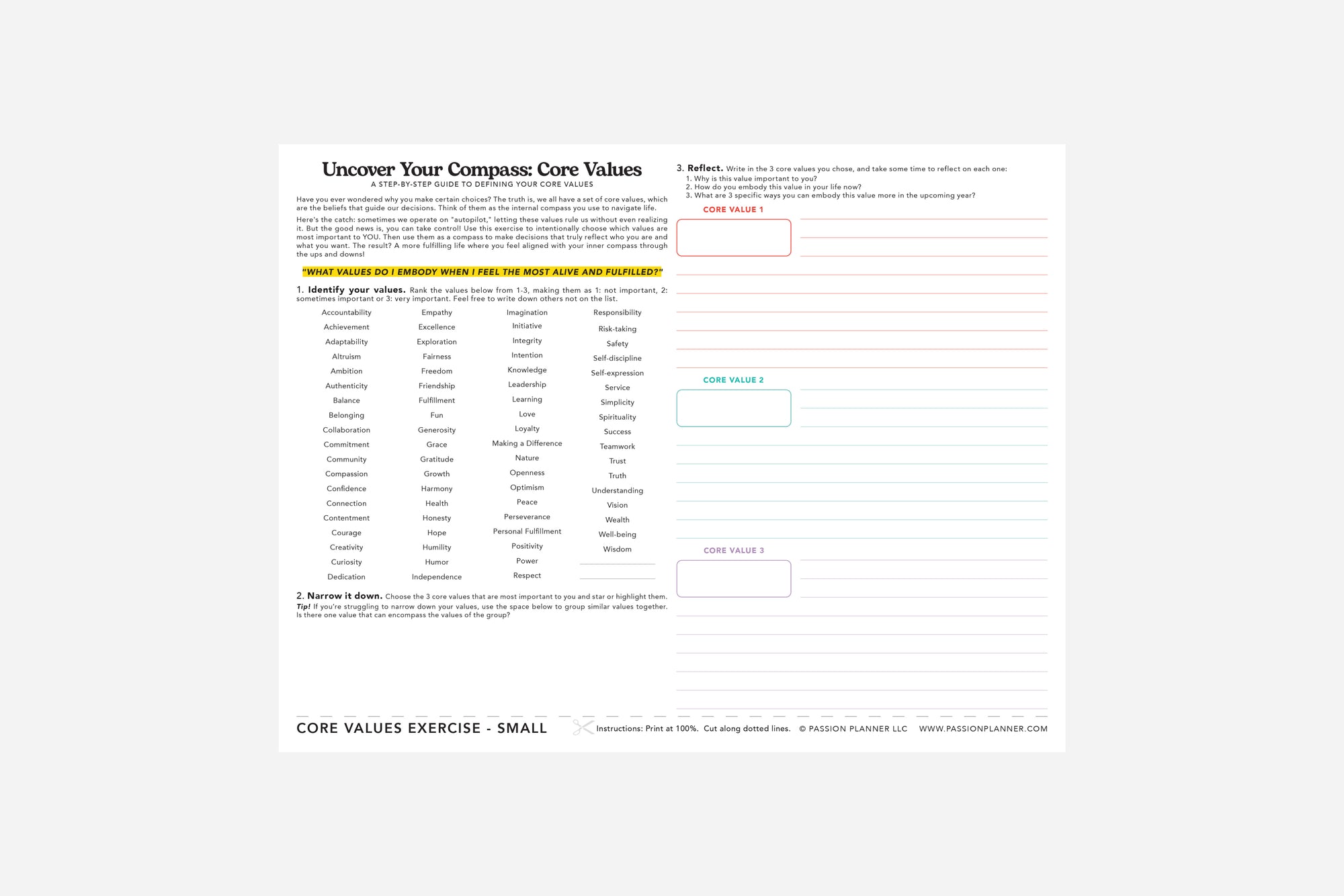 Core Values Worksheet PDF | Free Printable | Passion Planner