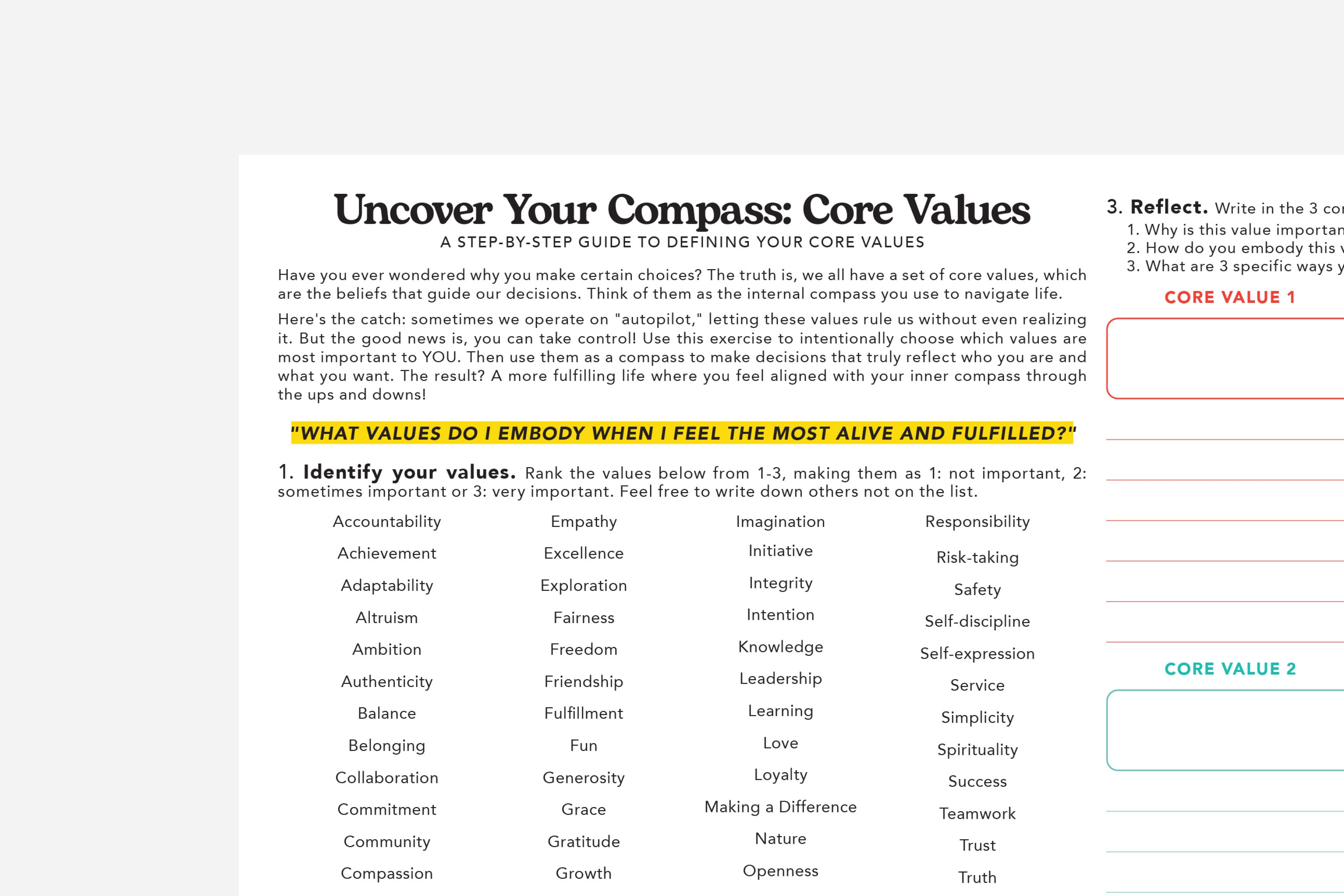 core values worksheet close up