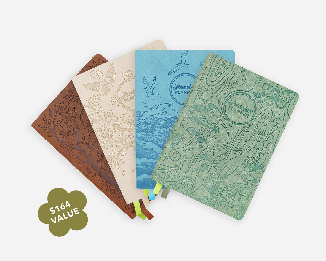 Three embossed faux leather journal covers fanned out on a light gray background, with a green cloud-shaped &