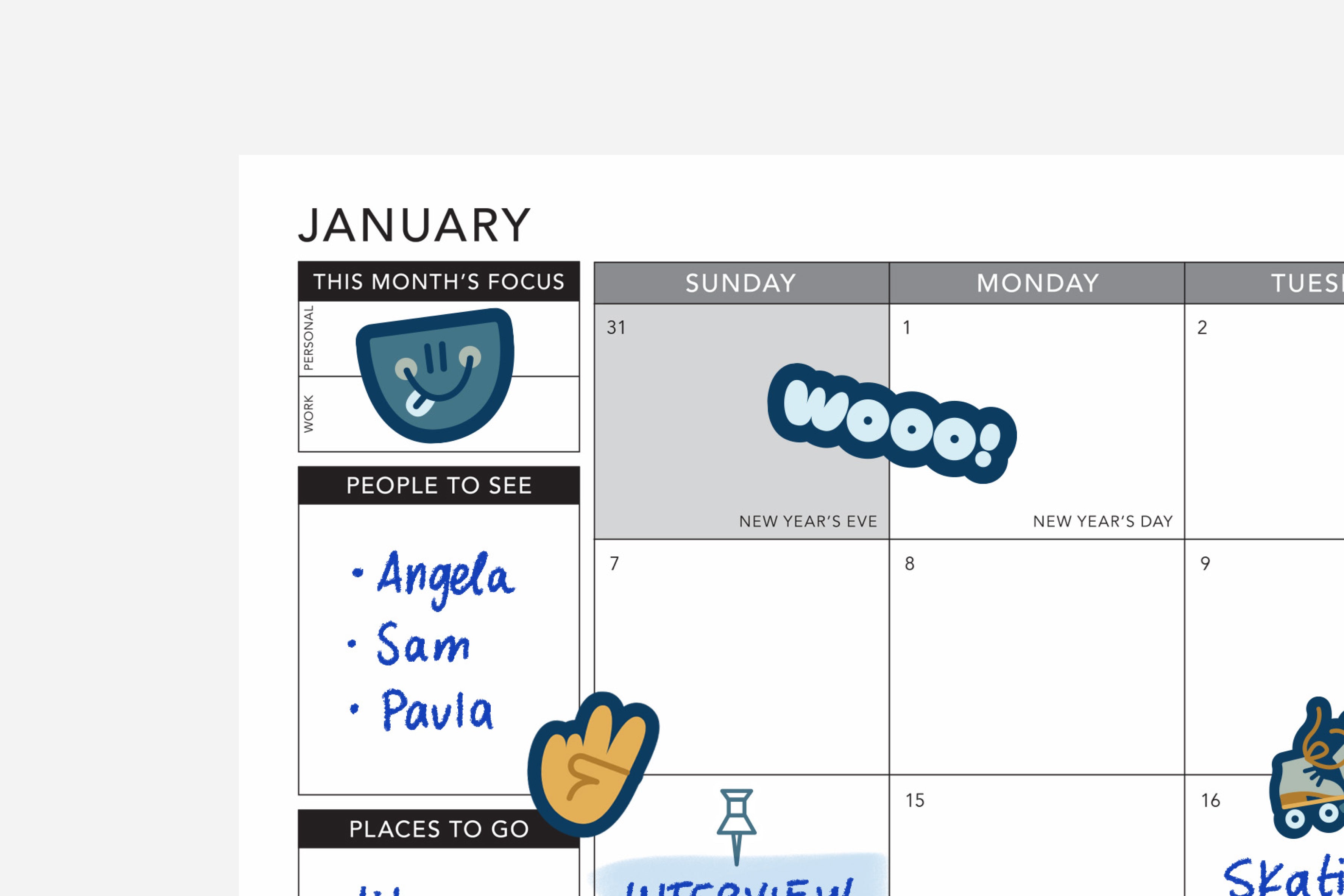 January monthly calendar with stickers
