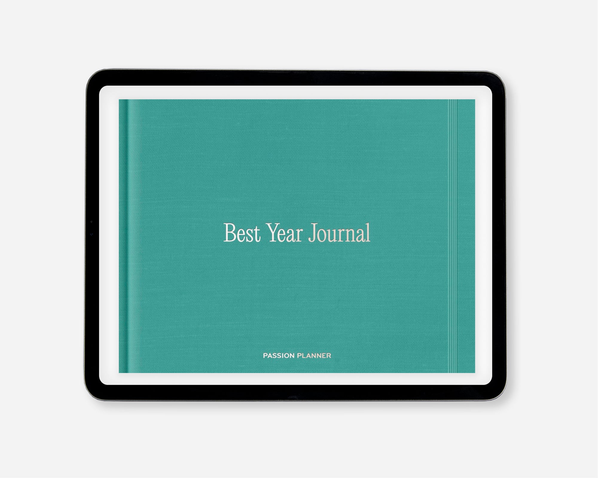 A digital journal titled 'Best Year Journal' with a textured teal cover, white lettering, and a black tablet border, shown on a light gray background.