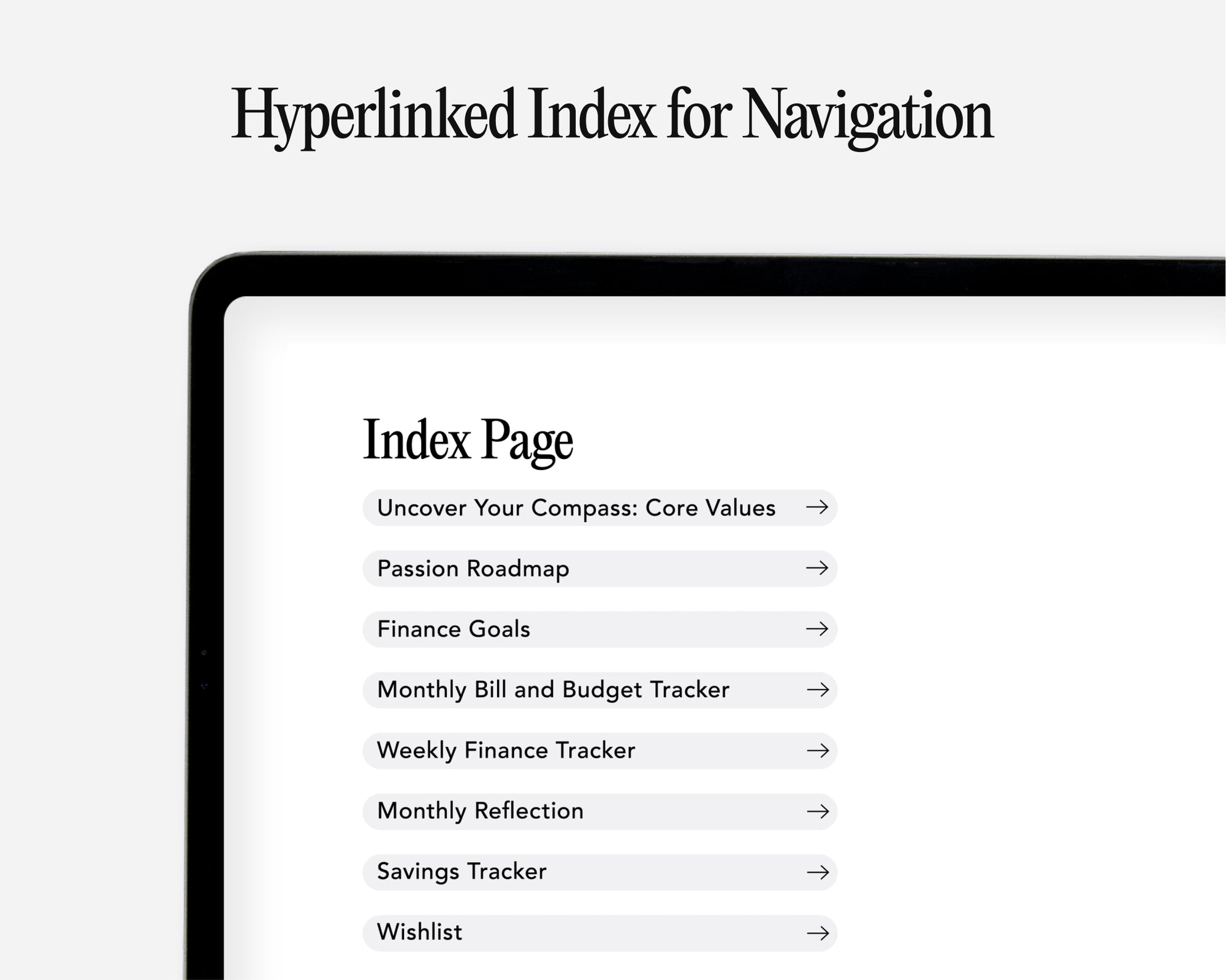 A digital mockup of a tablet screen displaying a hyperlinked index page with navigation links such as 'Monthly Bill and Budget Tracker', 'Weekly Finance Tracker', and 'Finance Goals'.