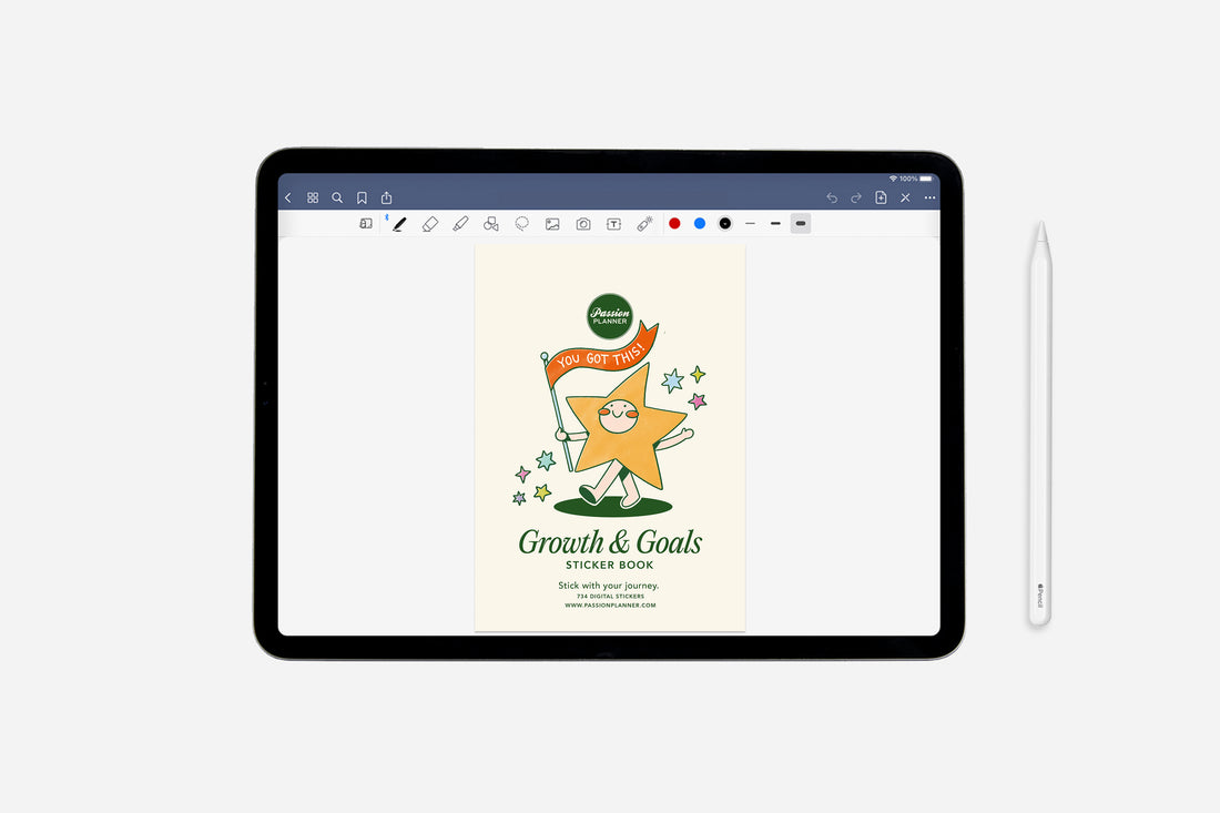 Tablet displaying digital growth and goals sticker book with a star illustration on a white background