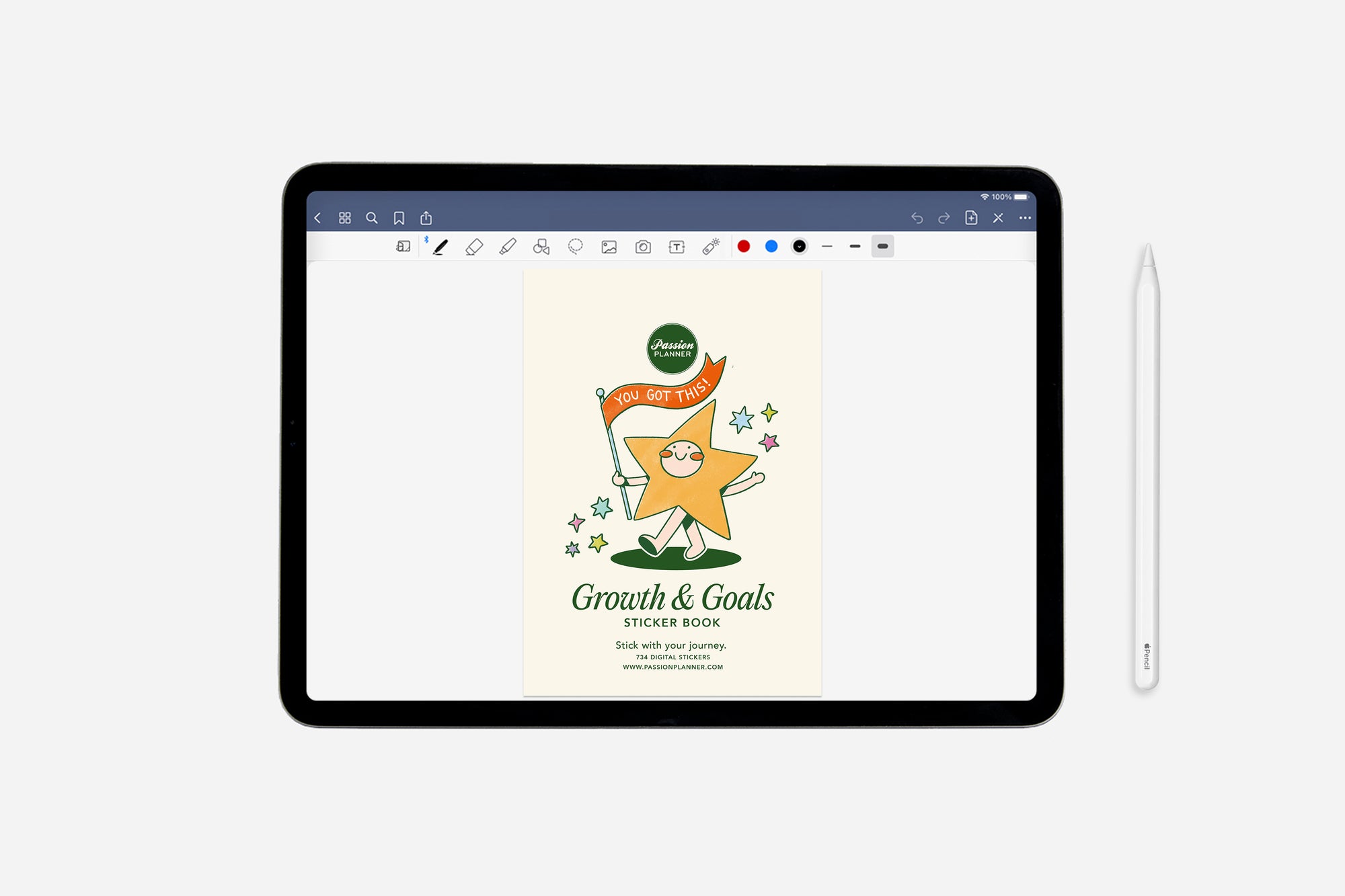 Tablet displaying digital growth and goals sticker book with a star illustration on a white background