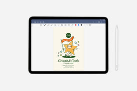 Tablet displaying digital growth and goals sticker book with a star illustration on a white background