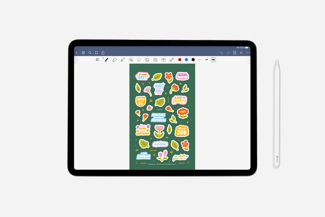 iPad displaying a digital sticker sheet on a white background