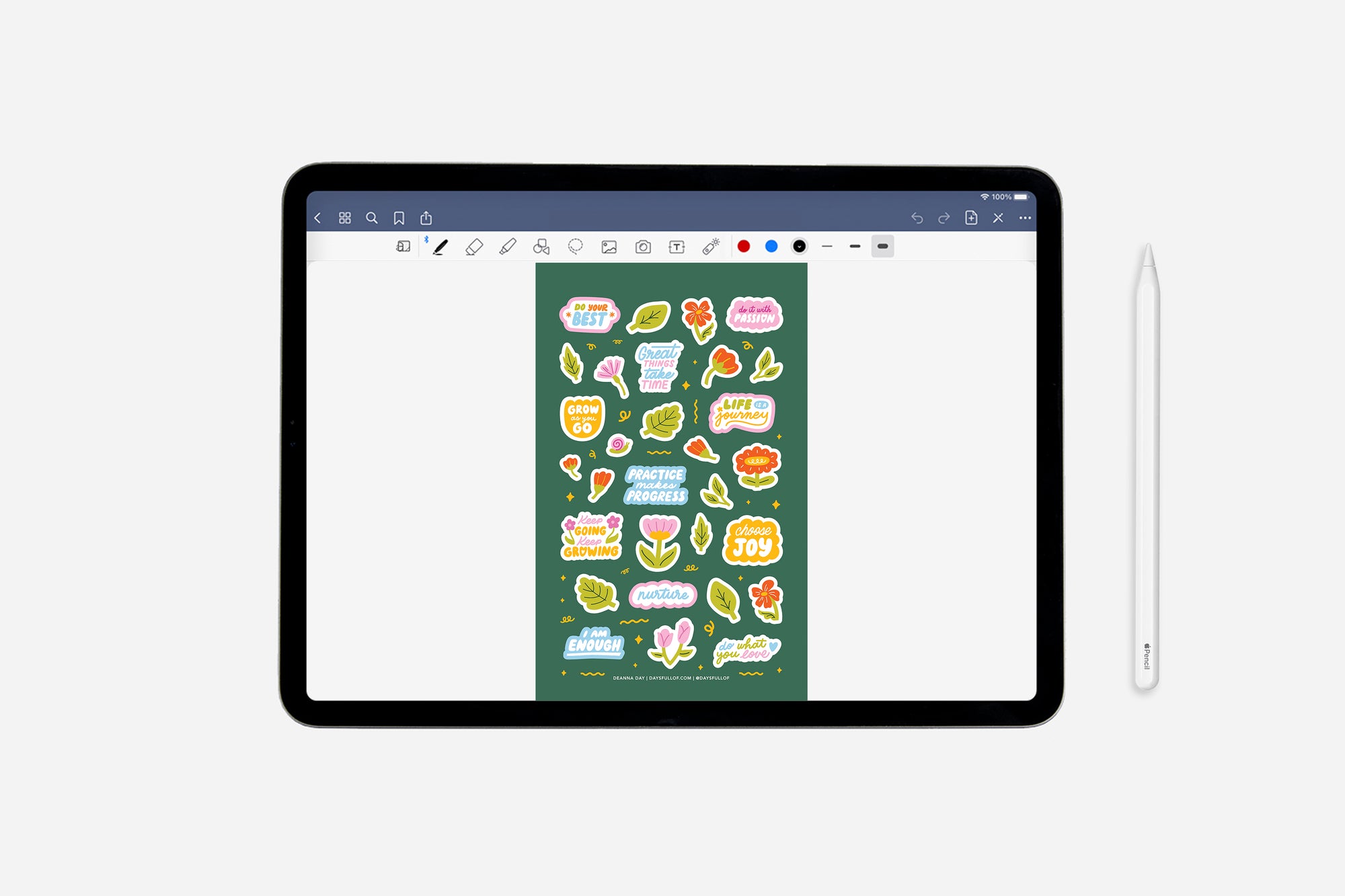 iPad displaying a digital sticker sheet on a white background