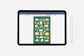 iPad displaying a digital sticker sheet on a white background