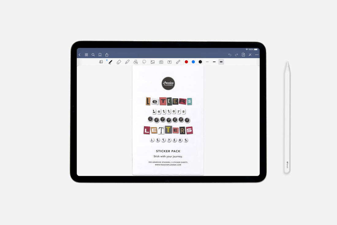 Tablet with design software displaying a sticker pack on a white background