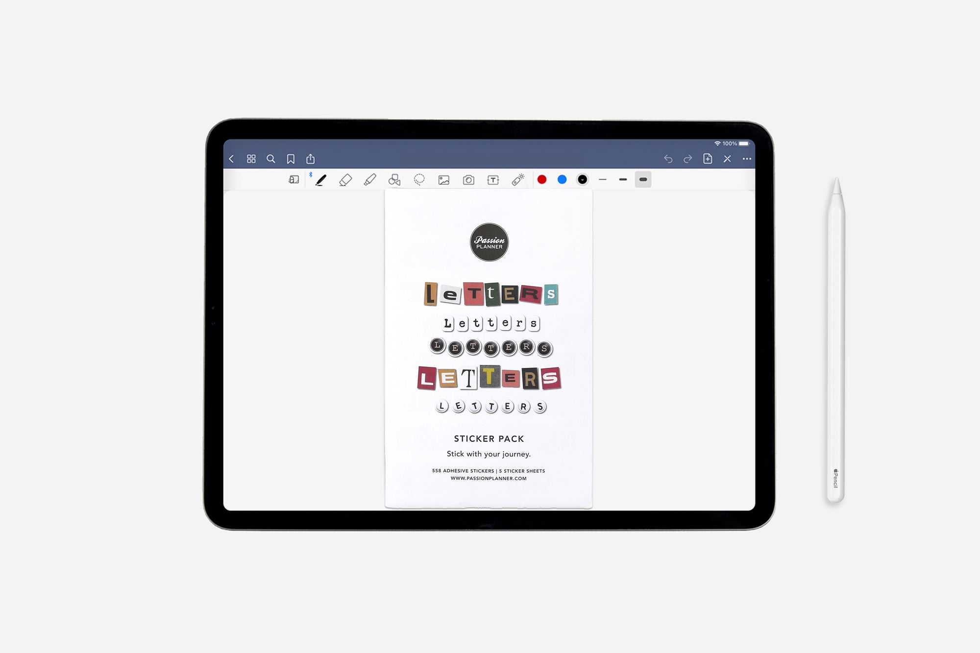 Tablet with design software displaying a sticker pack on a white background
