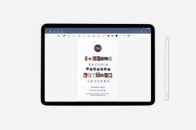 Tablet with design software displaying a sticker pack on a white background