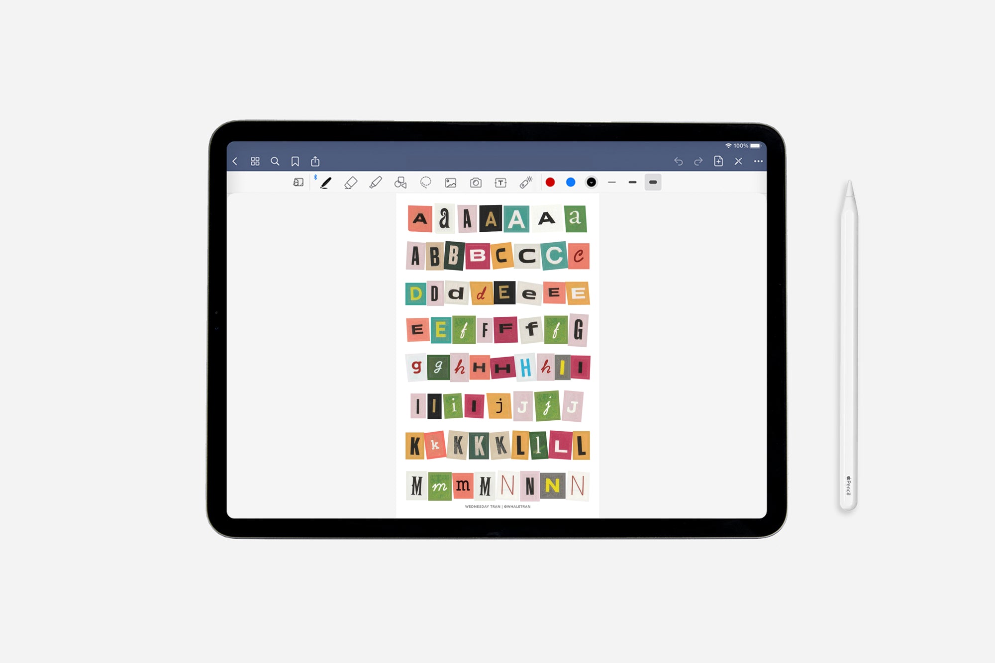 Tablet displaying a colorful alphabet sticker sheet with a stylus on a white background