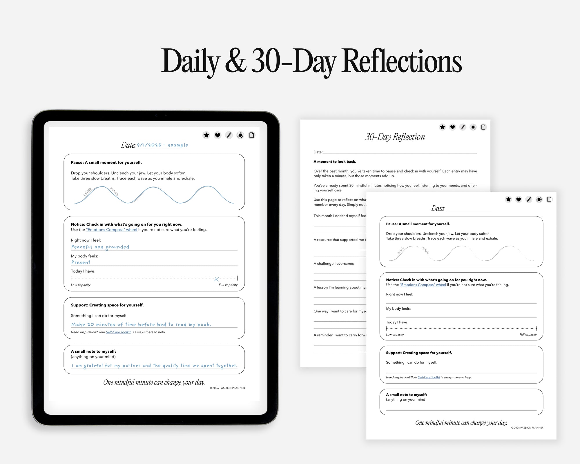 Digital reflection planner pages shown on a tablet mockup and floating sheets, titled 'Daily & 30-Day Reflections' on a light gray background.
