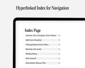 A close-up of a tablet screen showing a navigation index page with text links such as 'Index Page,' 'Uncover Your Compass: Core Values,' 'Self-Care Checklist,' and others, under the heading 'Hyperlinked Index for Navigation.'.