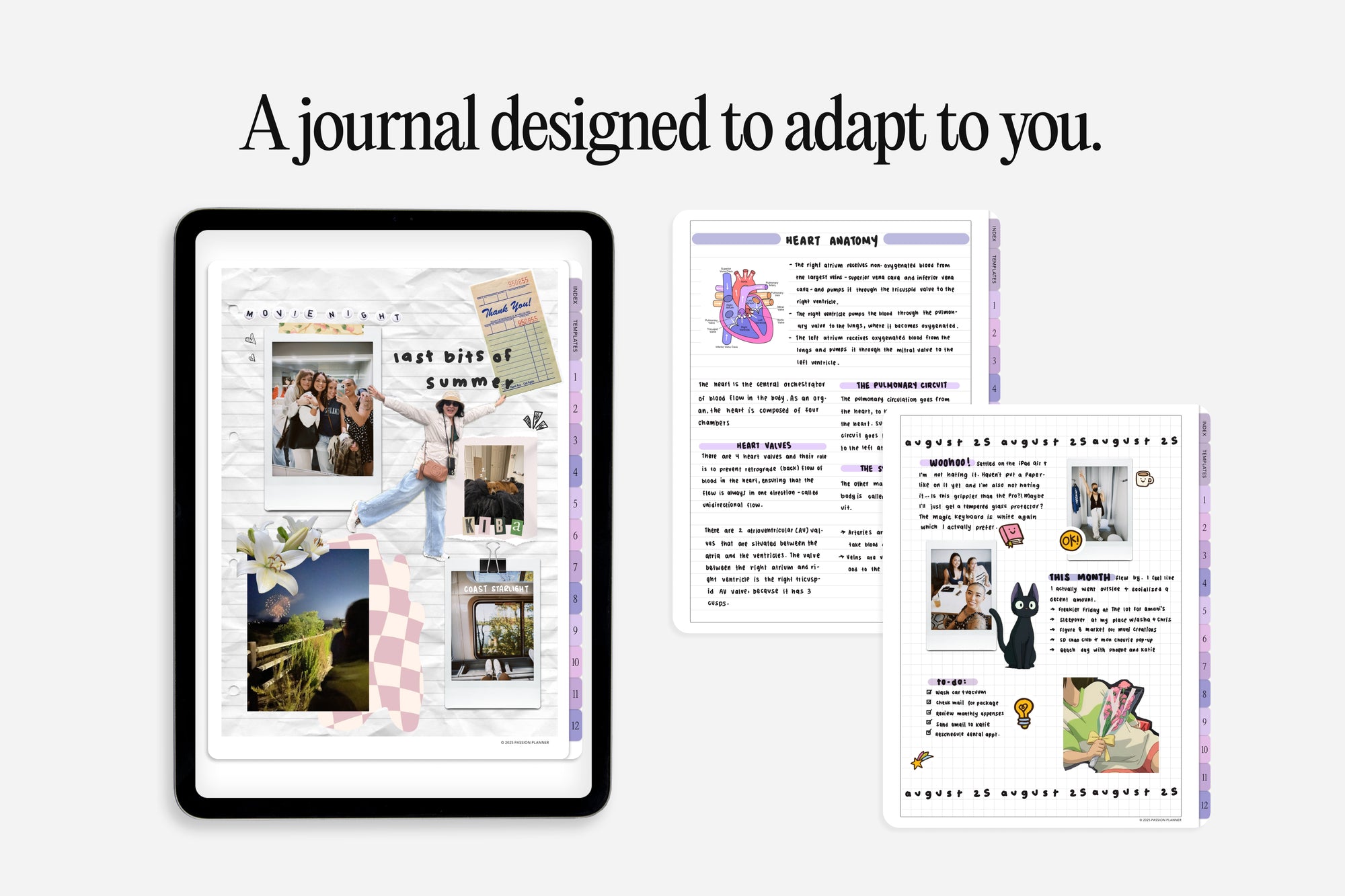 Journaling app interface on a tablet with text 'A journal designed to adapt to you.'