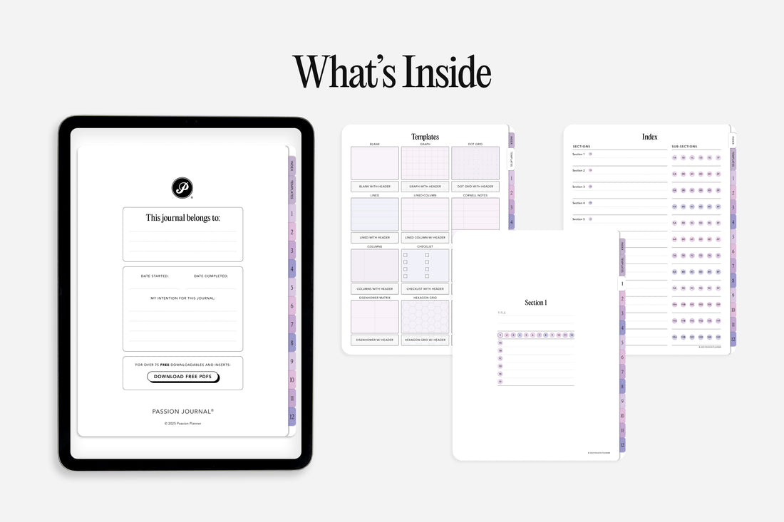 Digital mockup of a planner app interface with various templates on a tablet screen.