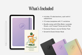 Digital product bundle with notebooks, a sticker book, and a pen on a white background
