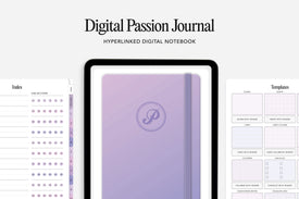 Digital Passion Journal with a purple gradient cover and digital interface elements on a white background.