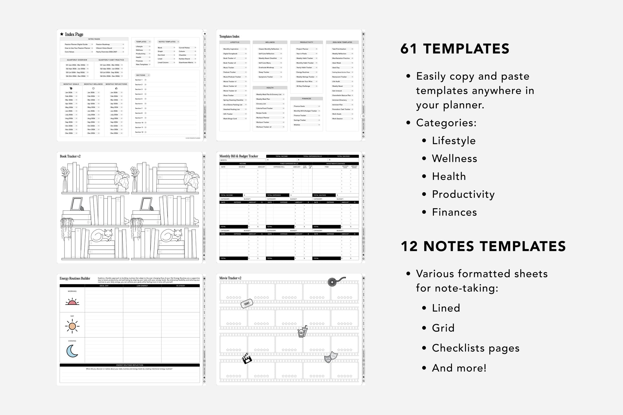 Digital planner template set with various categories and note-taking formats on a white background.