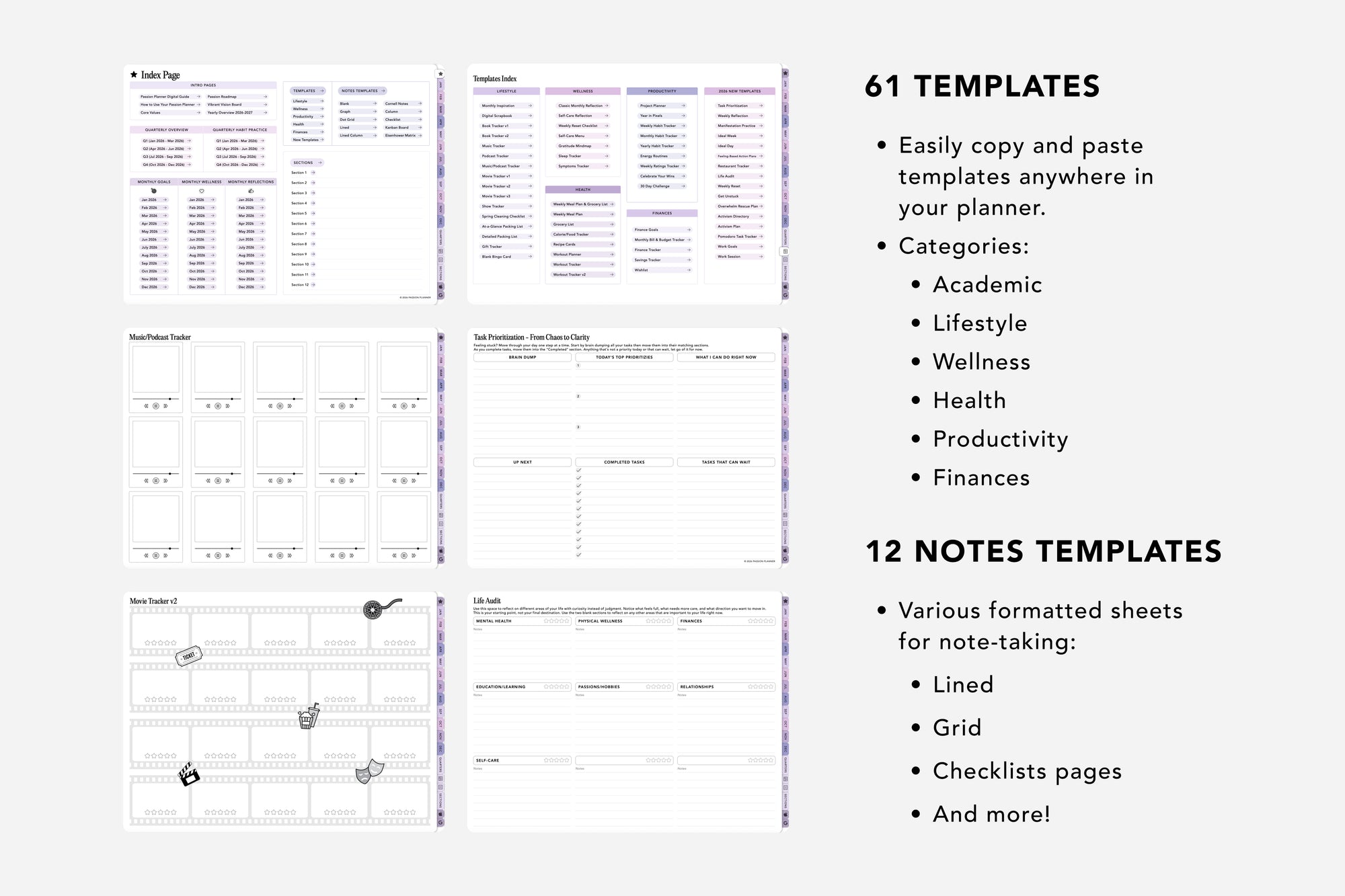 Digital planner templates with various categories and note-taking formats on a white background.