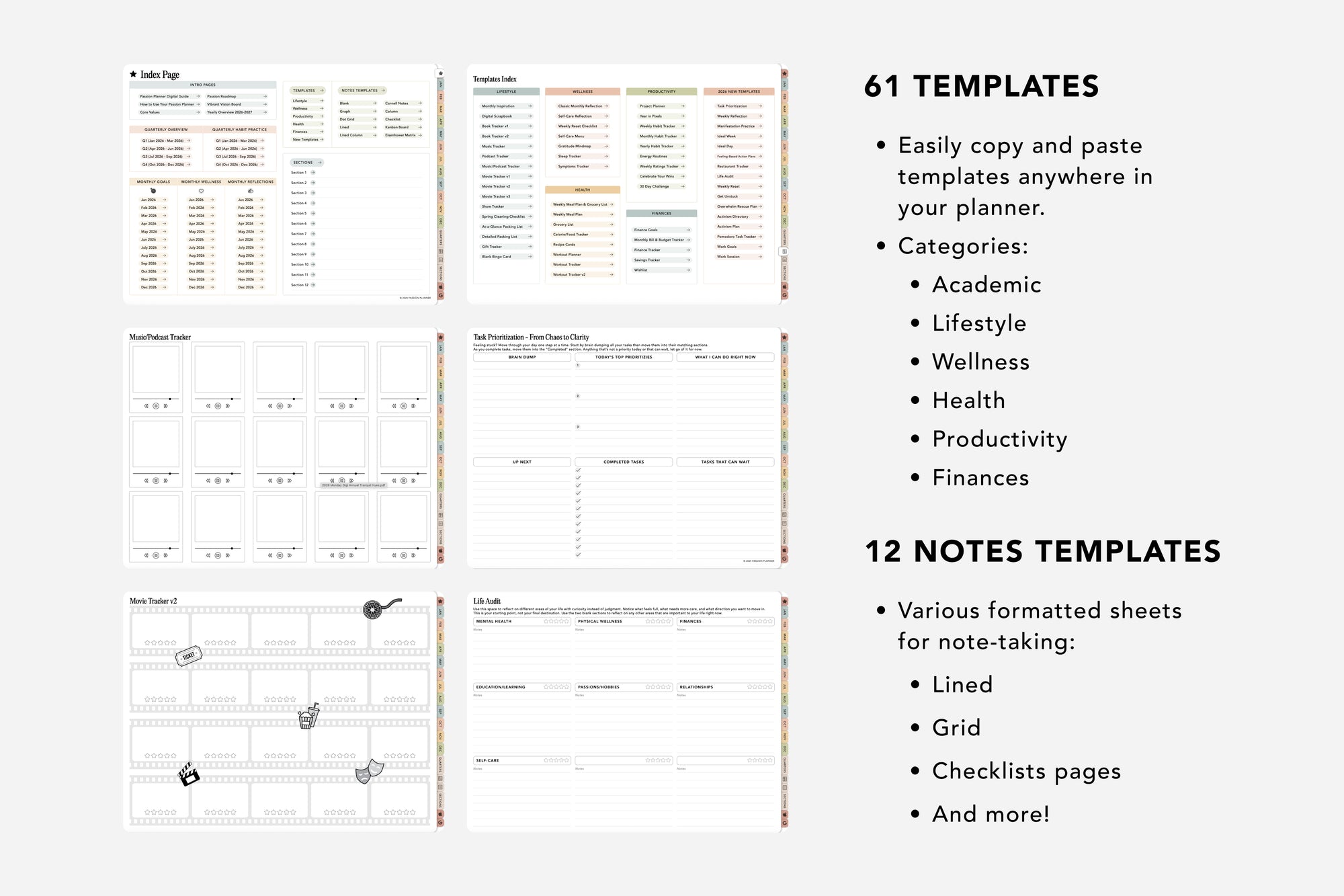 Digital planner templates with various categories and note-taking formats on a white background.