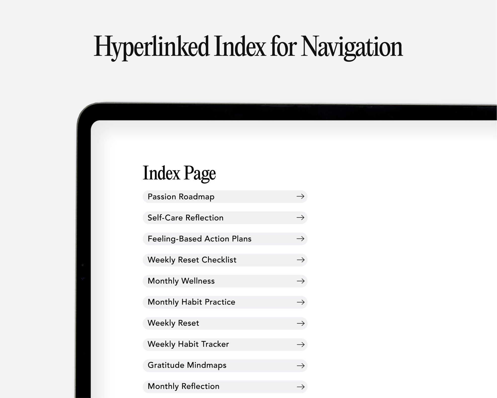 A digital preview of an index page for navigation, shown on a black-framed tablet device screen against a light gray background. The text reads 'Hyperlinked Index for Navigation' with a list of pages including Passion Roadmap, Self-Care Reflection, Feeling-Based Action Plans, Weekly Reset Checklist, Monthly Wellness, Monthly Habit Practice, Weekly Reset, Weekly Habit Tracker, Gratitude Mindmaps, and Monthly Reflection.