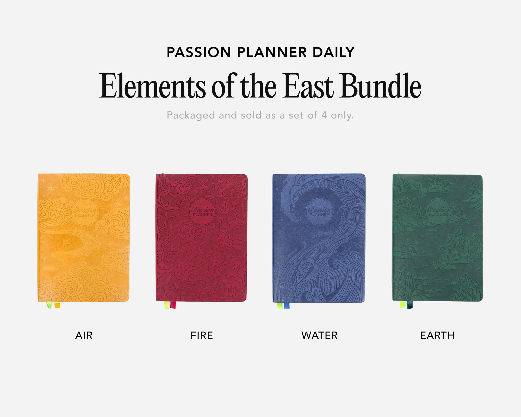 Four colorful planners labeled 'Air', 'Fire', 'Water', and 'Earth' with text about the Passion Planner Daily set.