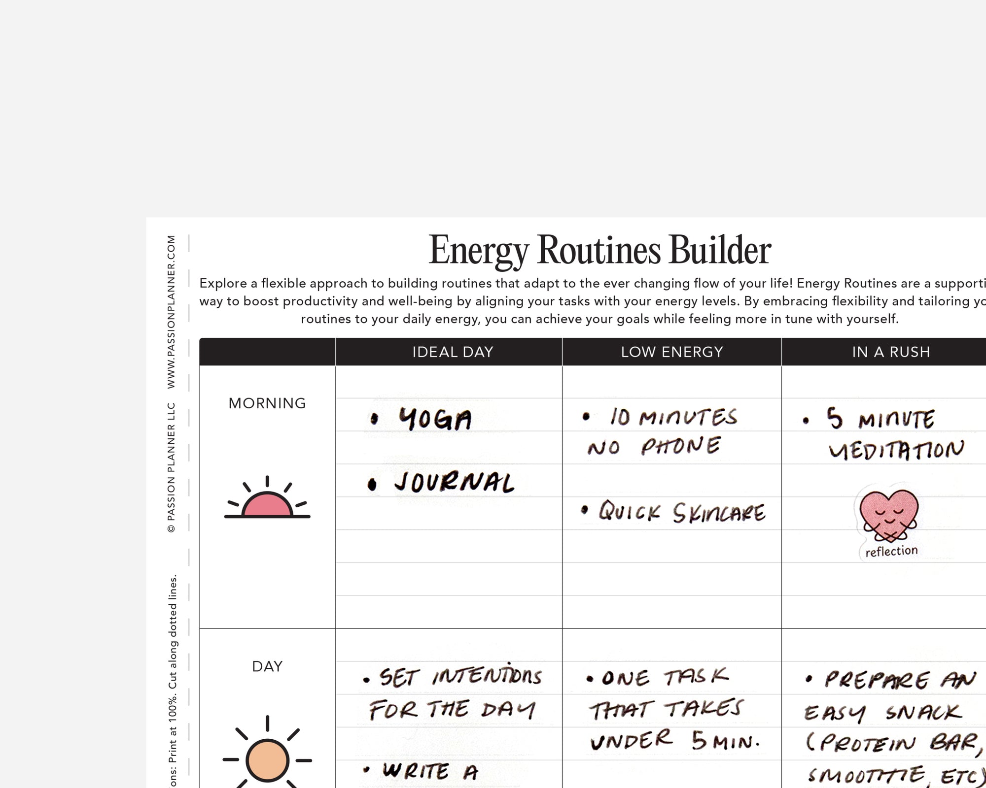 Energy Routines Builder sheet with morning, ideal day, low energy, and rush columns on a white background.
