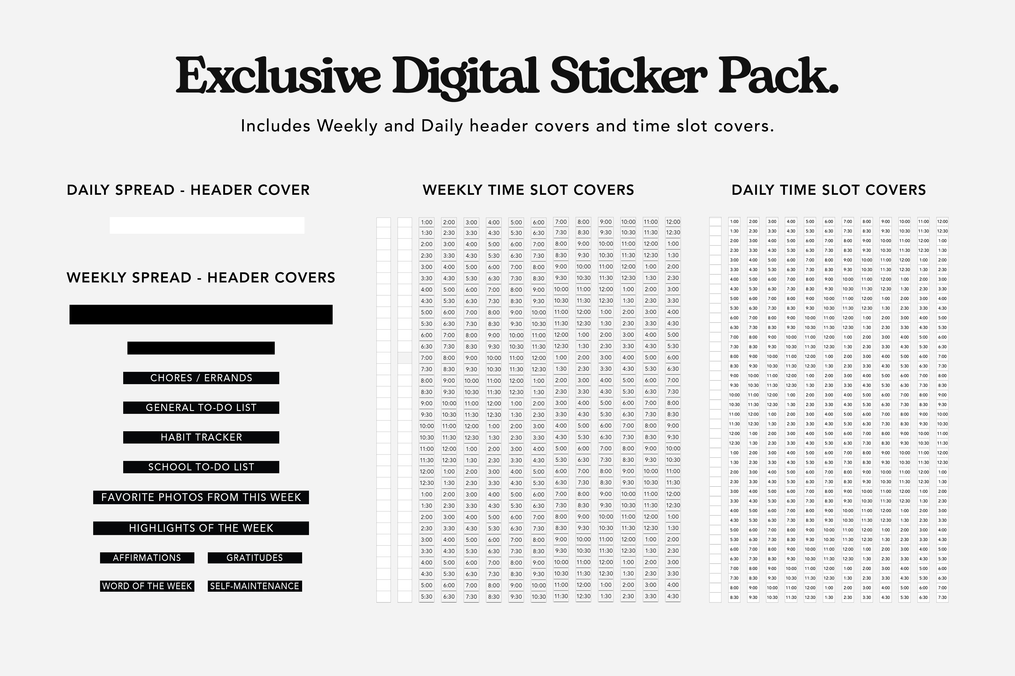 digital planner headers and time slots