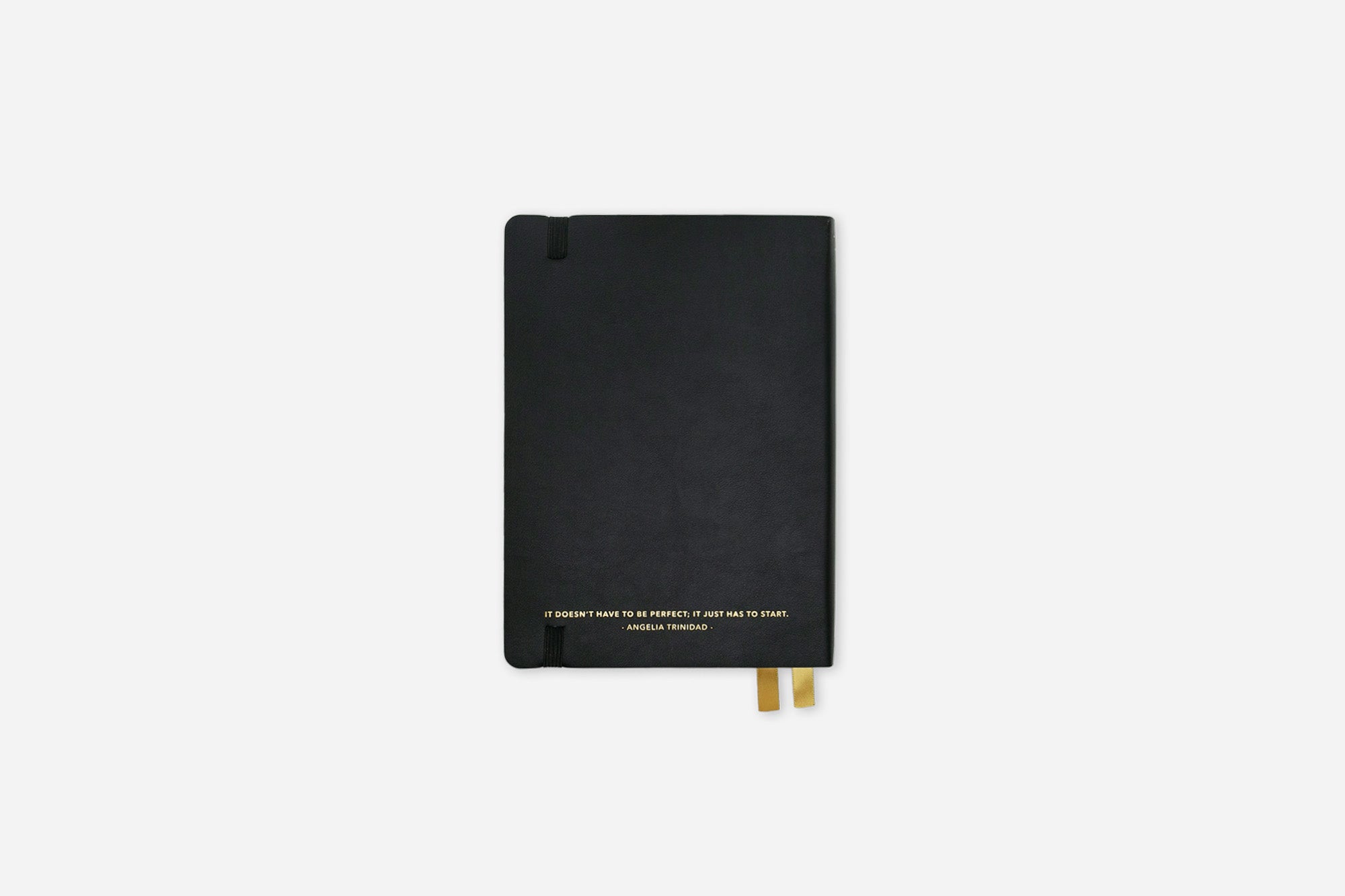Black notebook with gold accents on a white background