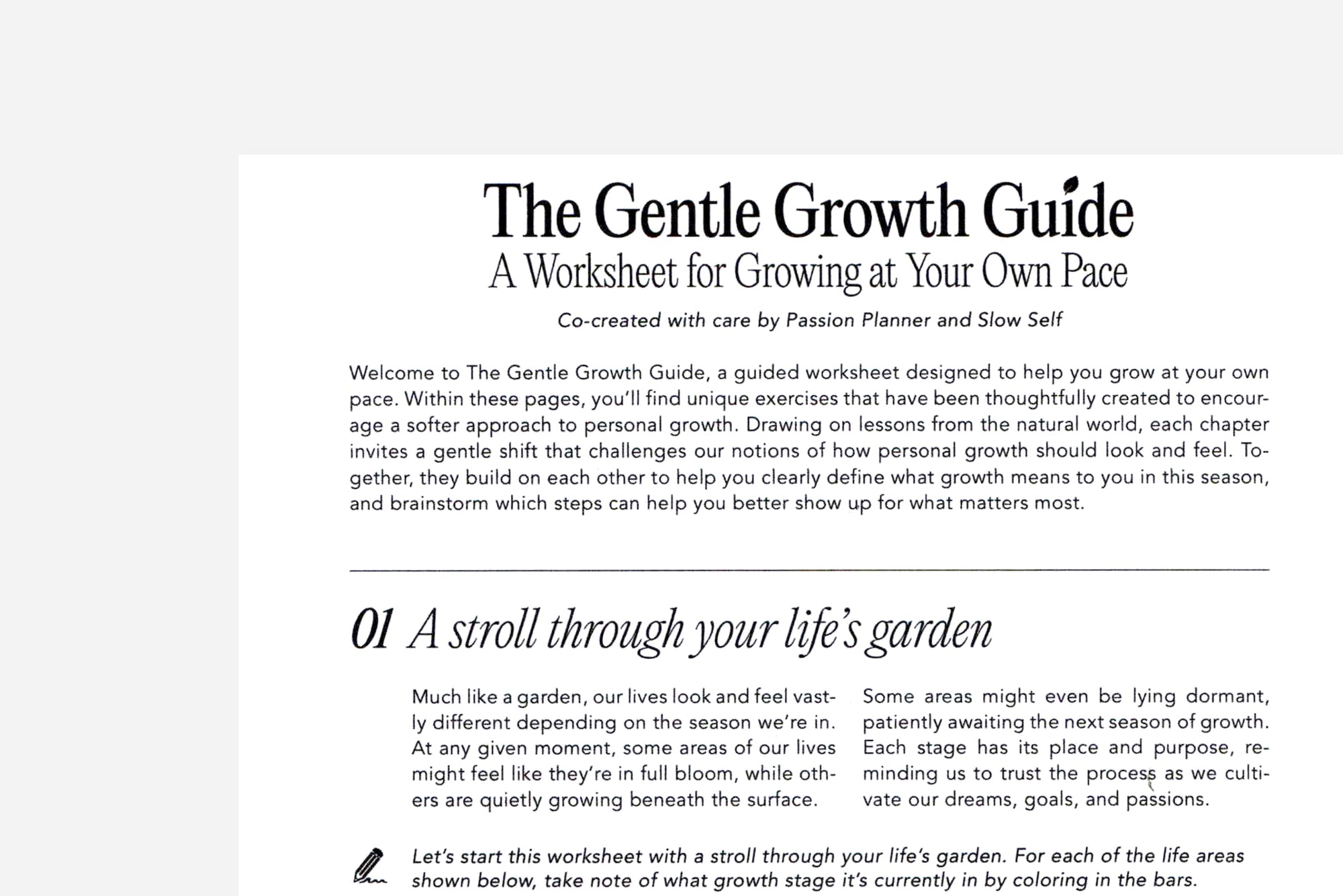 Cover page of 'The Gentle Growth Guide' worksheet on a white background
