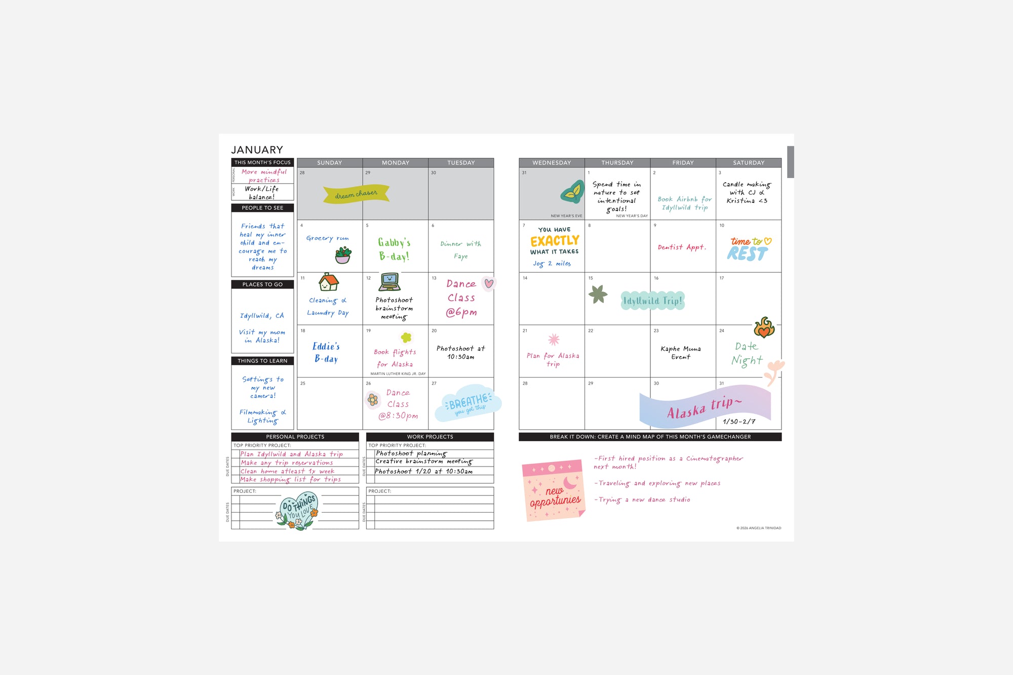 January monthly calendar with various dates and labels on a white background