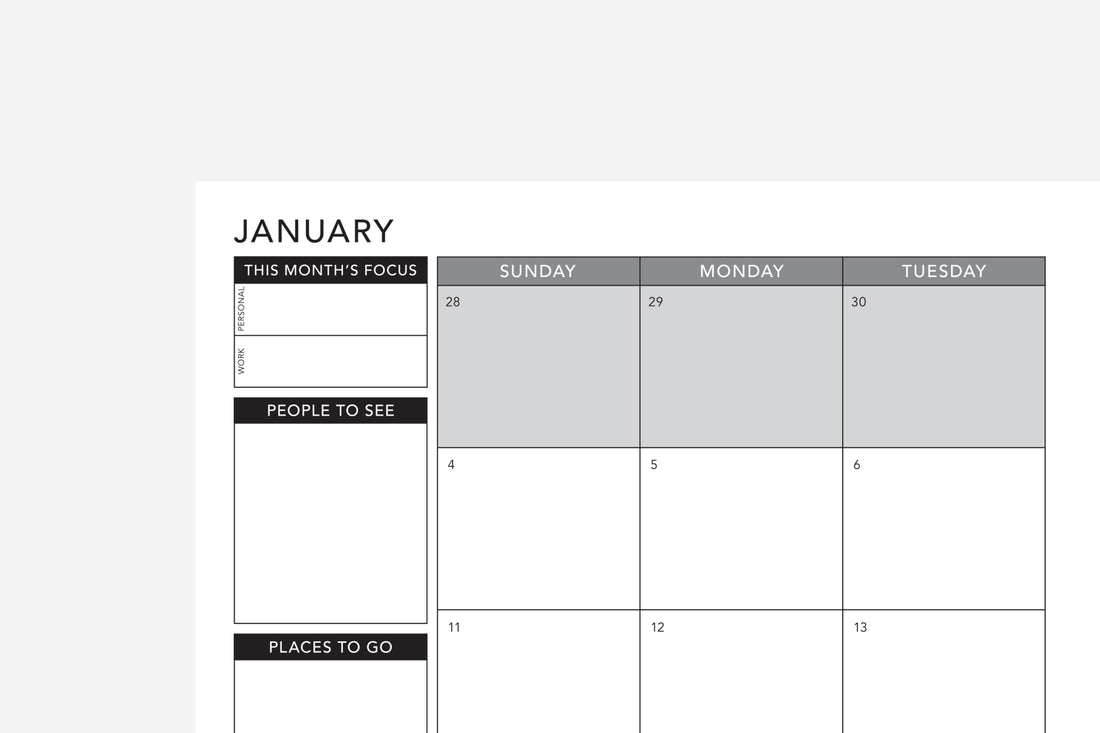 Calendar for January with space for monthly focus, people to see, and places to go.