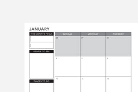 Calendar for January with space for monthly focus, people to see, and places to go.
