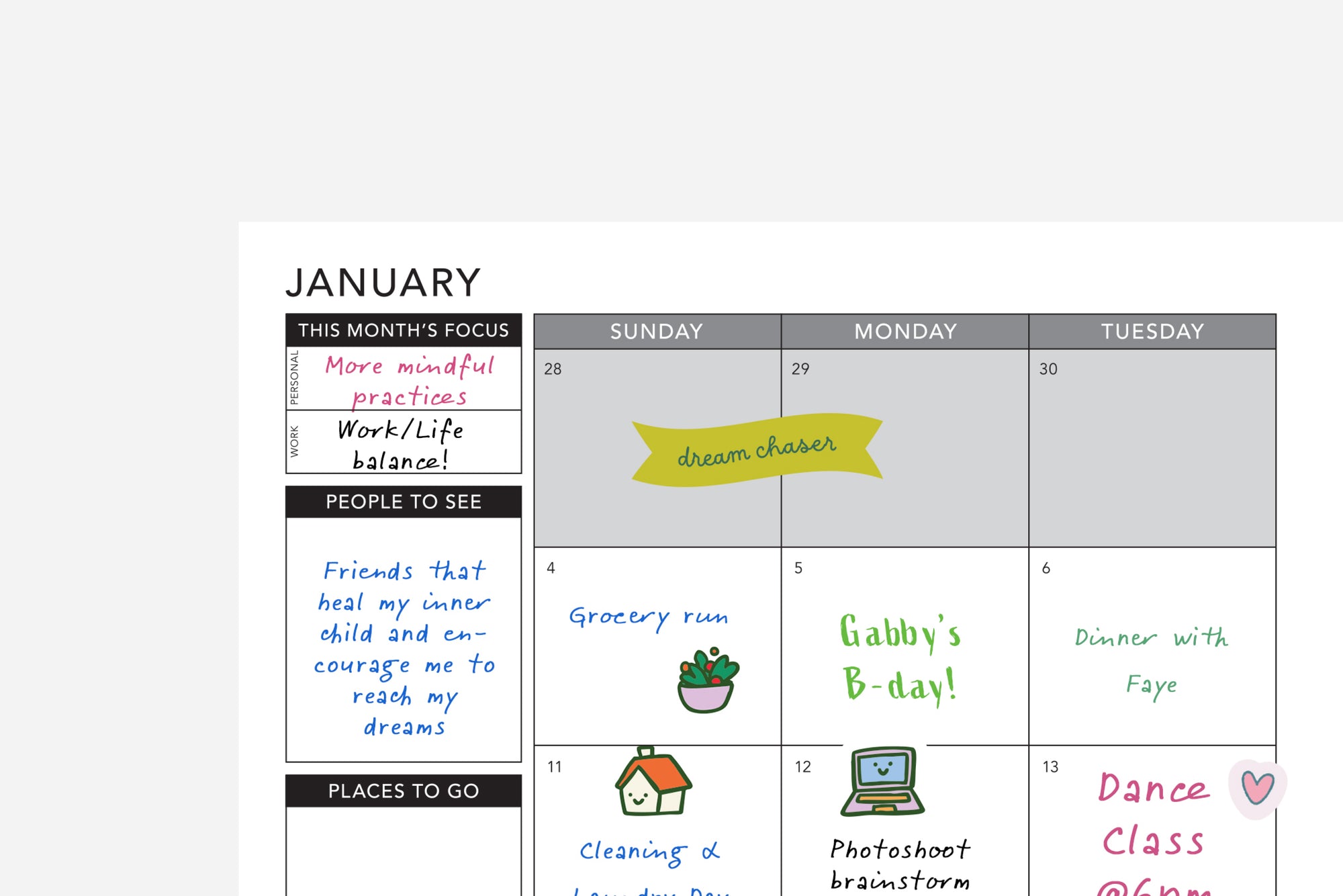Calendar with handwritten notes and tasks for January on a white background