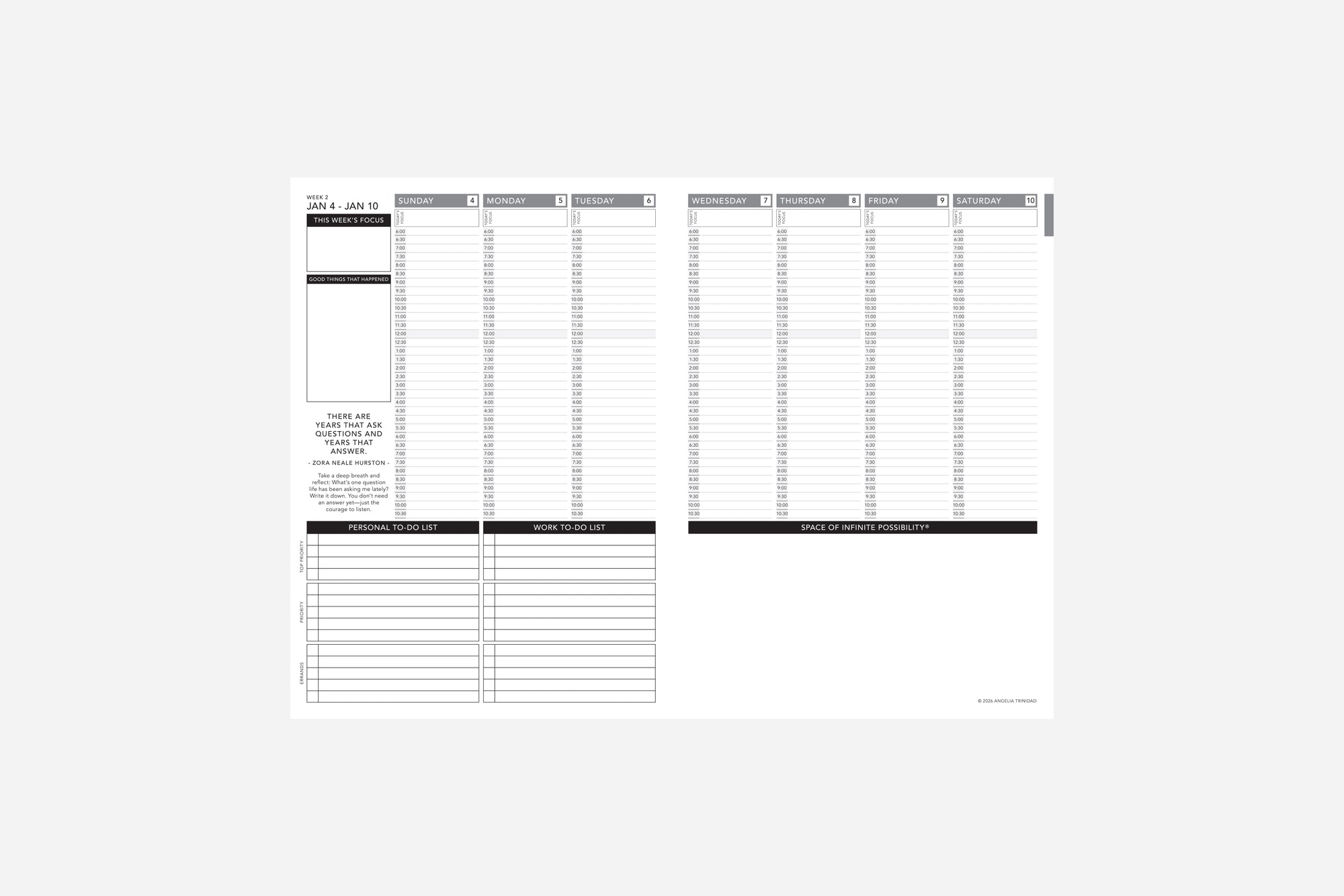 Weekly 2026 planner layout on a white background