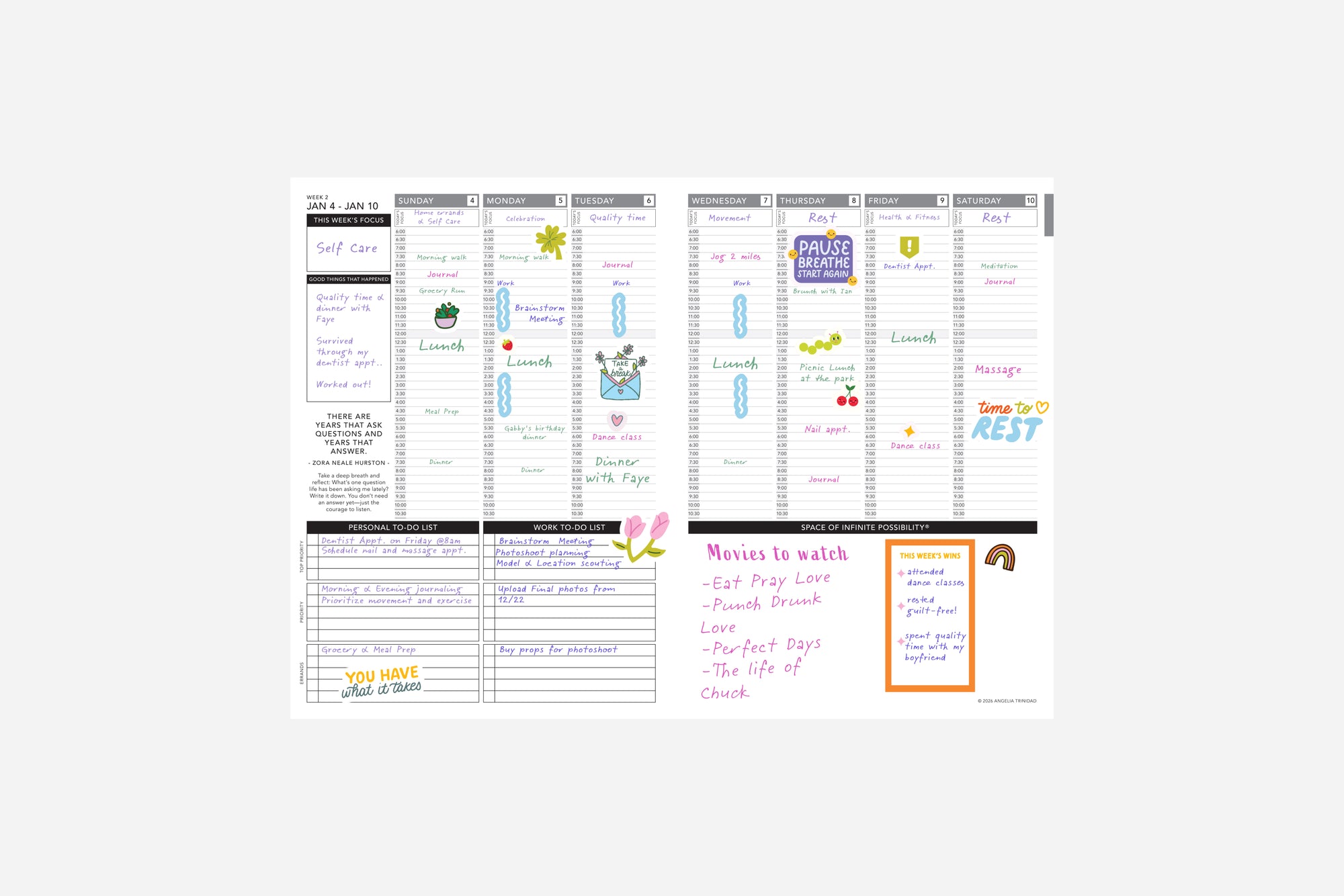 Filled in weekly 2026 planner layout on a white background