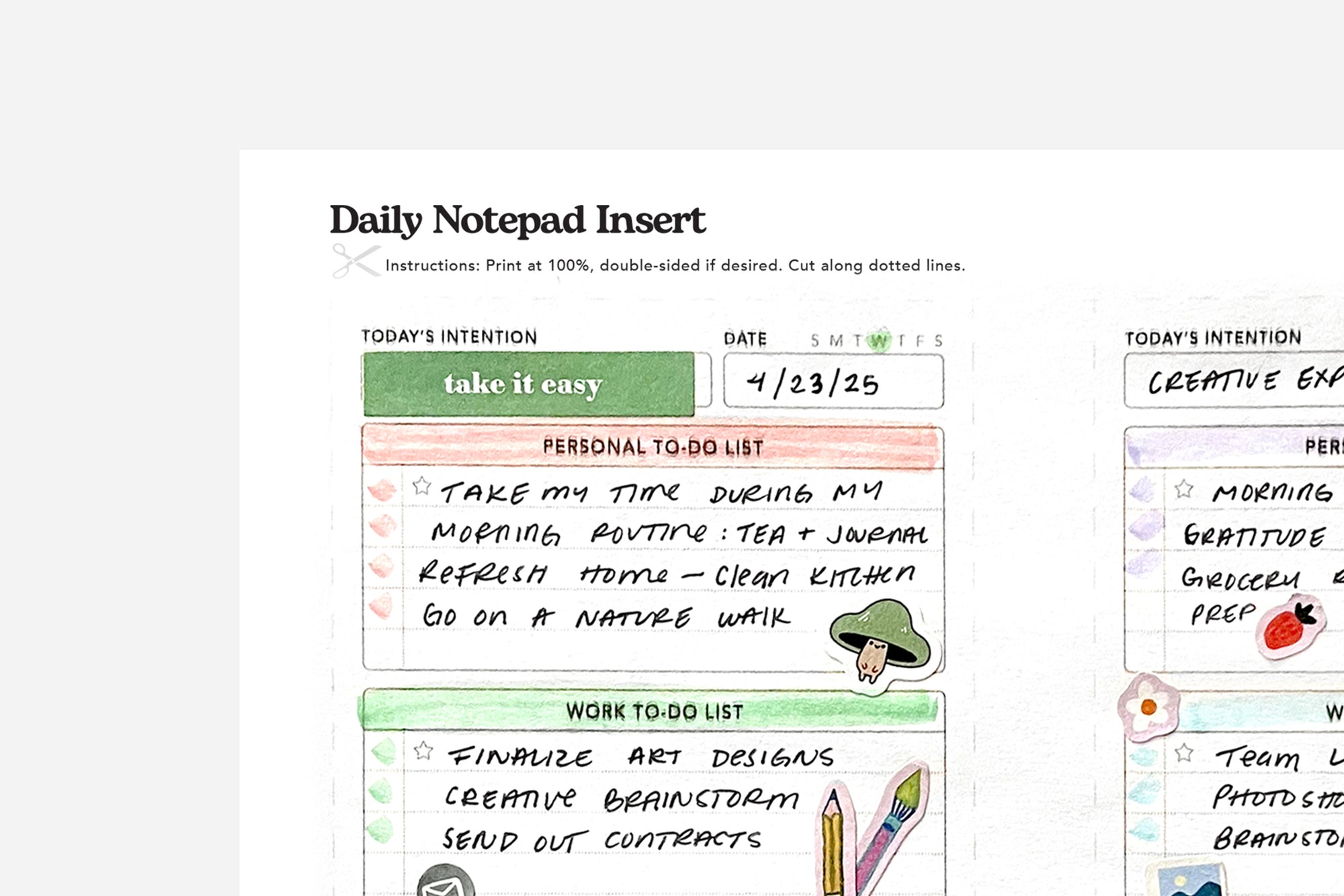 daily notepad insert sample printable